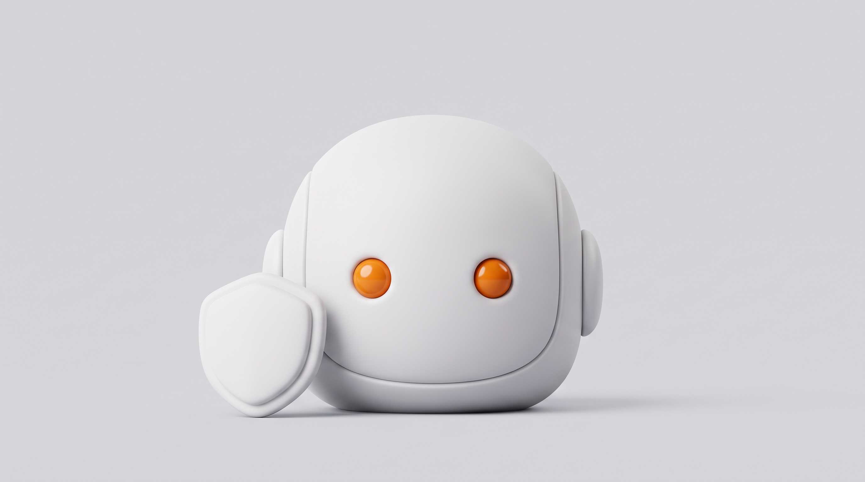 White robot head beside a shield